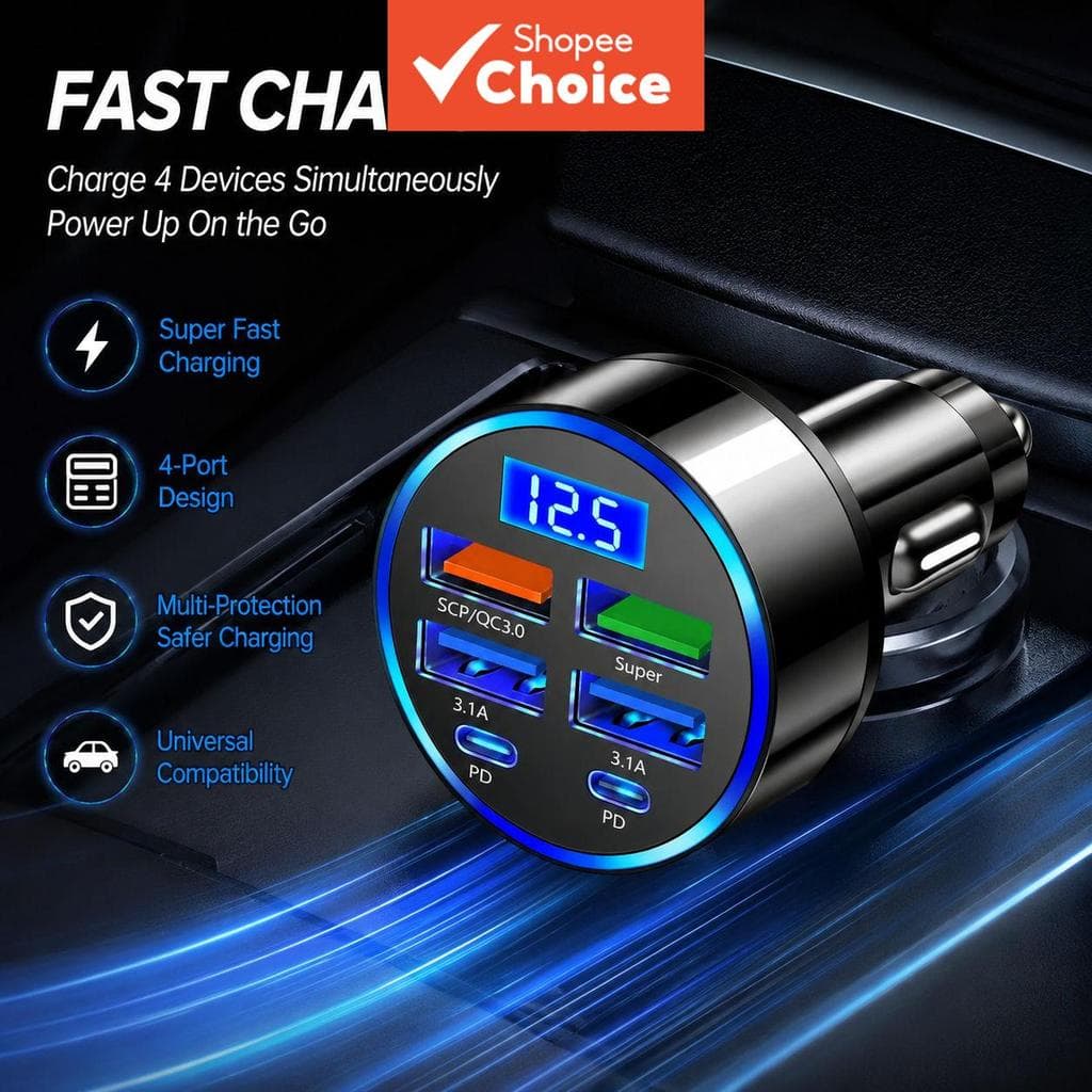 Carregador Veicular 6 Portas 100W com Display Digital, Dupla PD Tipo C, QC3.0, Carregamento Rápido para Smartphones,