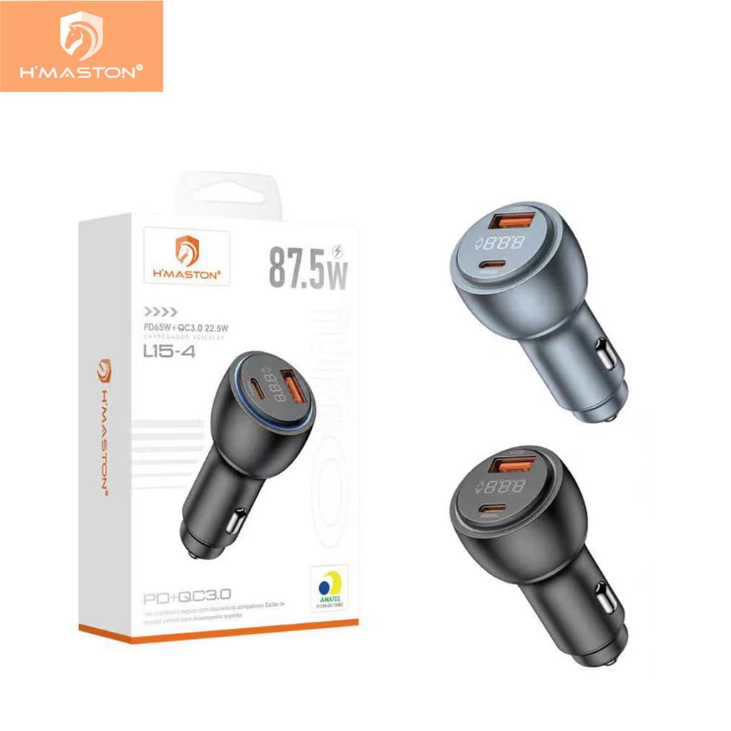 H'maston  87.5W Carregador Veicular Turbo USB e Tipo C  Led Fonte Carro Automotivo Original 001