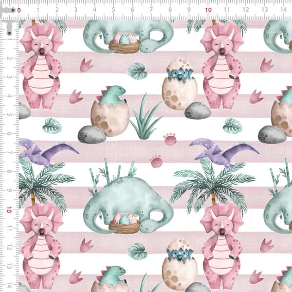 Tecido Tricoline Digital Listrado Dinossauros Pano Artesanato Infantil Patchwork Costura