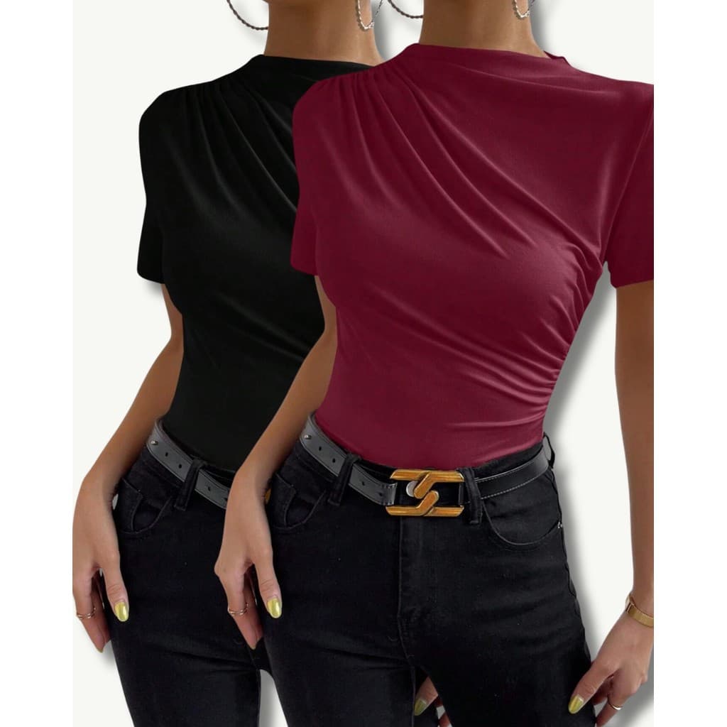 Kit 2 Camisa Feminina Slim Social com Detalhes Plissados Elegantes