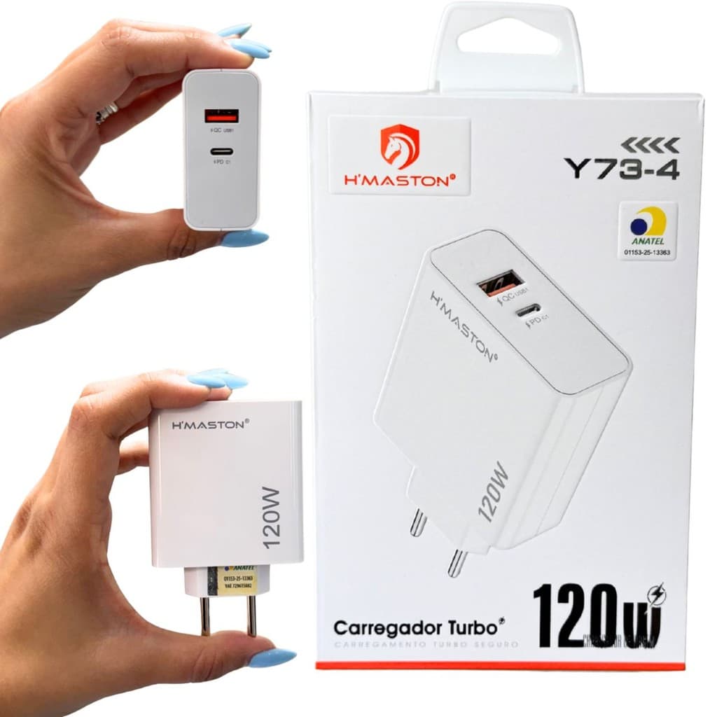 Carregador fonte Turbo 120W – Carregamento Rápido Bivolt com 2 Portas USB-C + USB-A H’Maston - Y73-4