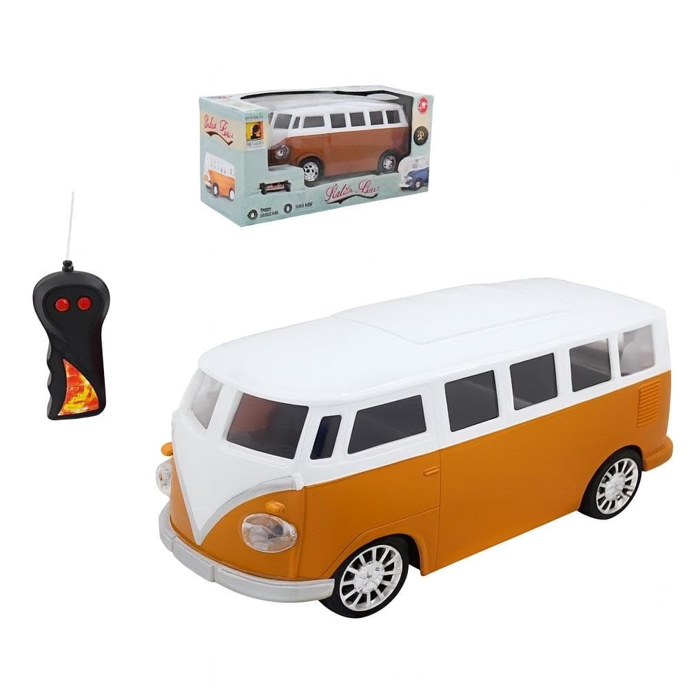 CARRINHO RETRO KOMBI CONTROLE REMOTO FAROL LUMINOSO DETALHES CLASSICOS BRINQUEDO INFANTIL LARANJA