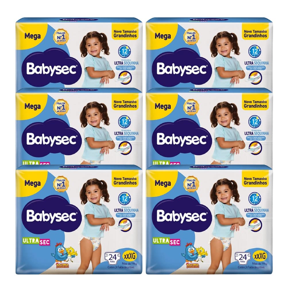 6 Pacotes Fralda BabySec Ultrasec Galinha Pintadinha Mega XXXG 24un – Conforto e Absorção