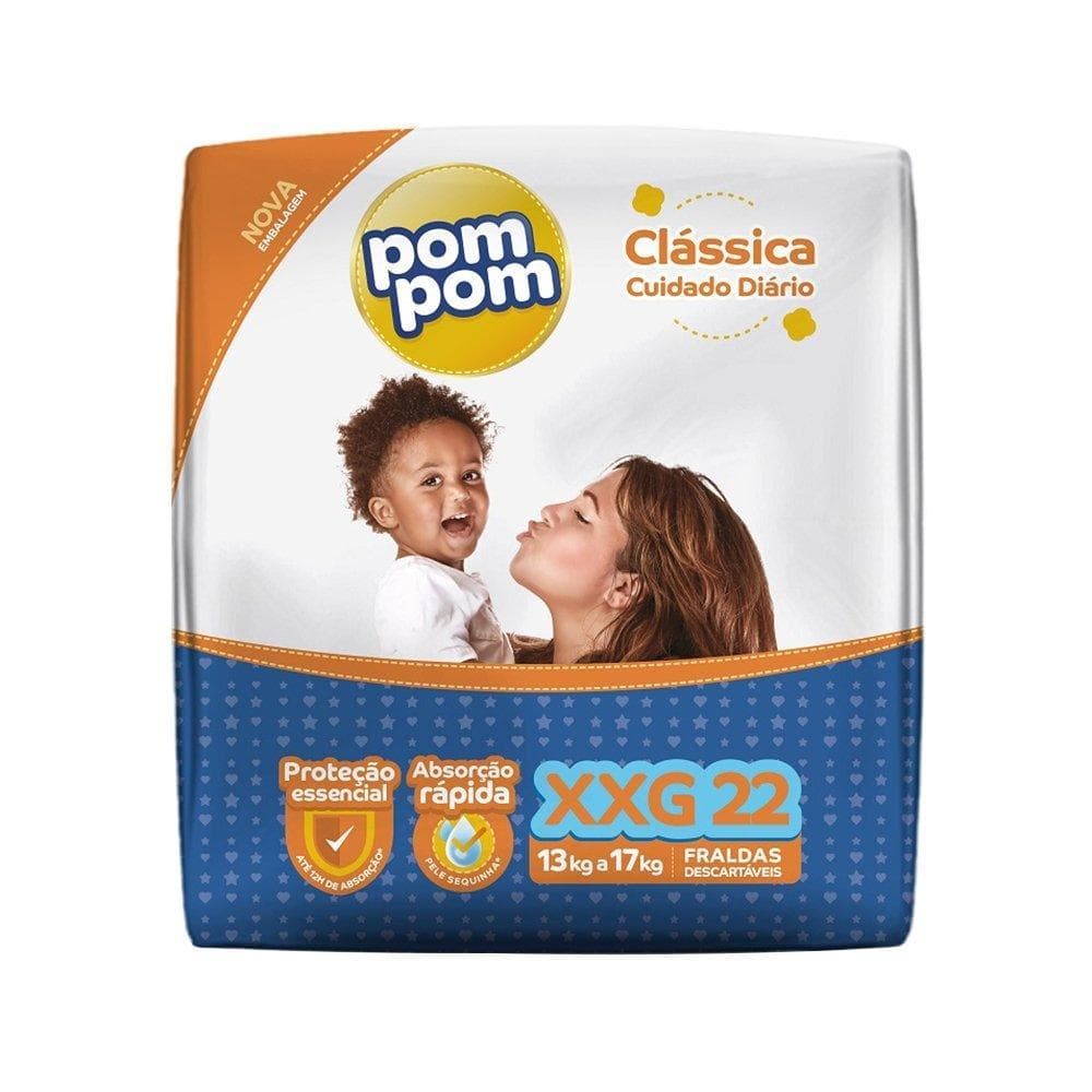 Fralda Descartável PomPom Clássica Econômica Tamanho XXG - 8 Pacotes com 22 Fraldas - Total 176 Tiras