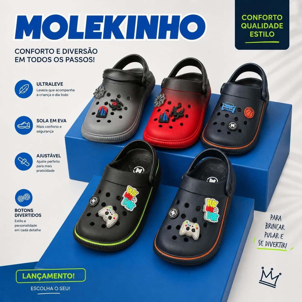 Sandália Infantil Menino Calçados Molekinho Clog Babuche  Papete Leve Confortável