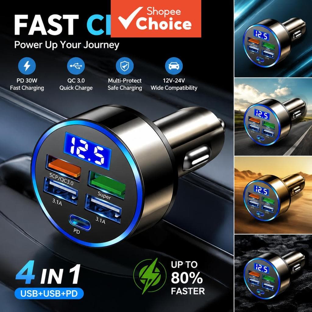 Carregador veicular USB 5 portas com carregamento rápido para celulares, adaptador de tomada veicular QC30/PD