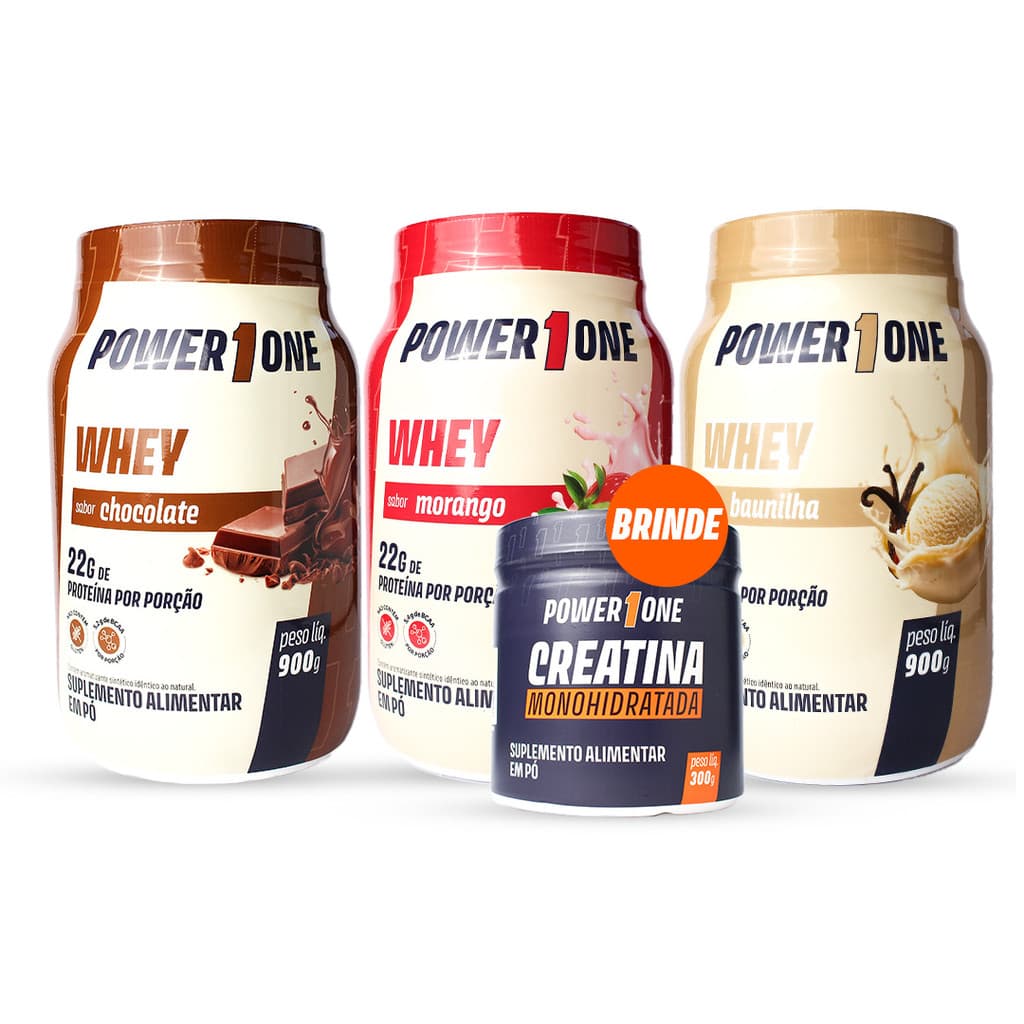 Combo Whey Protein + Creatina Power1One 3 Sabores (Chocolate, Baunilha e Morango)