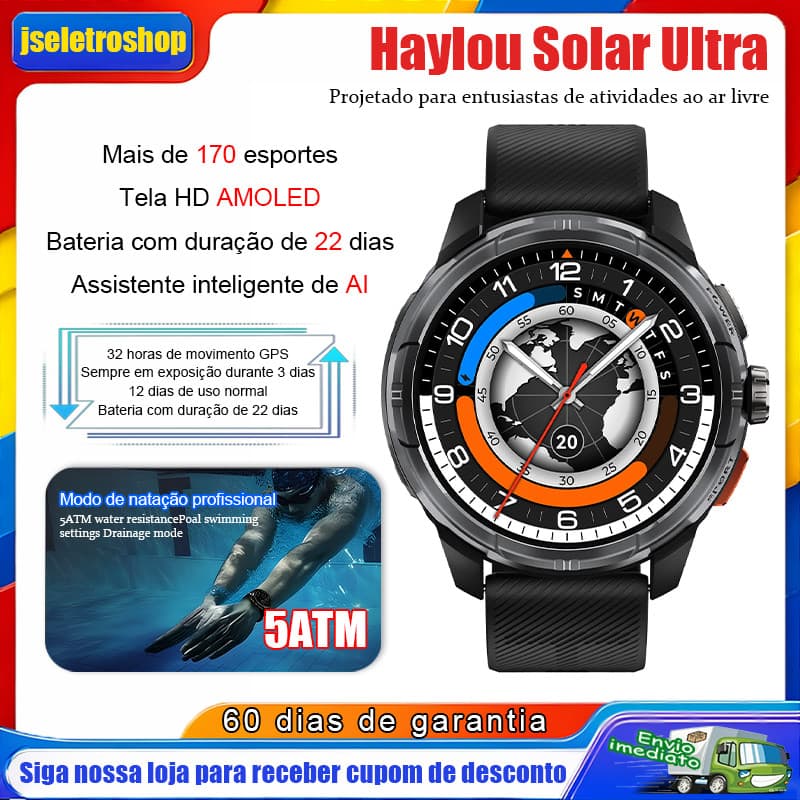 Relógio Smartwatch Haylou Solar Ultra/LS23 1.6"AMOLED 60Hz Display 5atm à prova d'água 22Dias Bateria