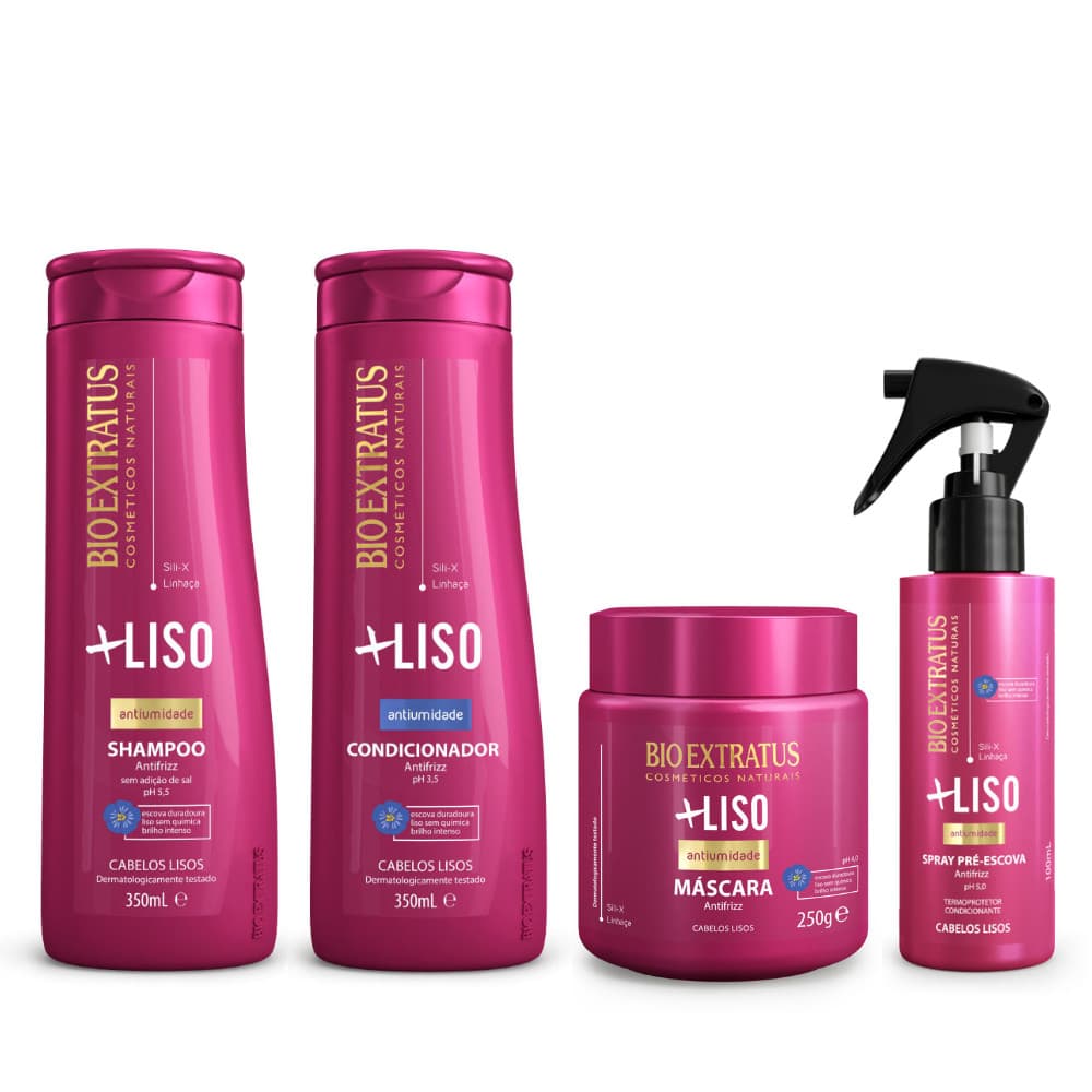 KIT +LISO. SHAMPOO + CONDICIONADOR + MÁSCARA HIDRATANTE + SPRAY TERMOPROTETOR - BIO EXTRATUS
