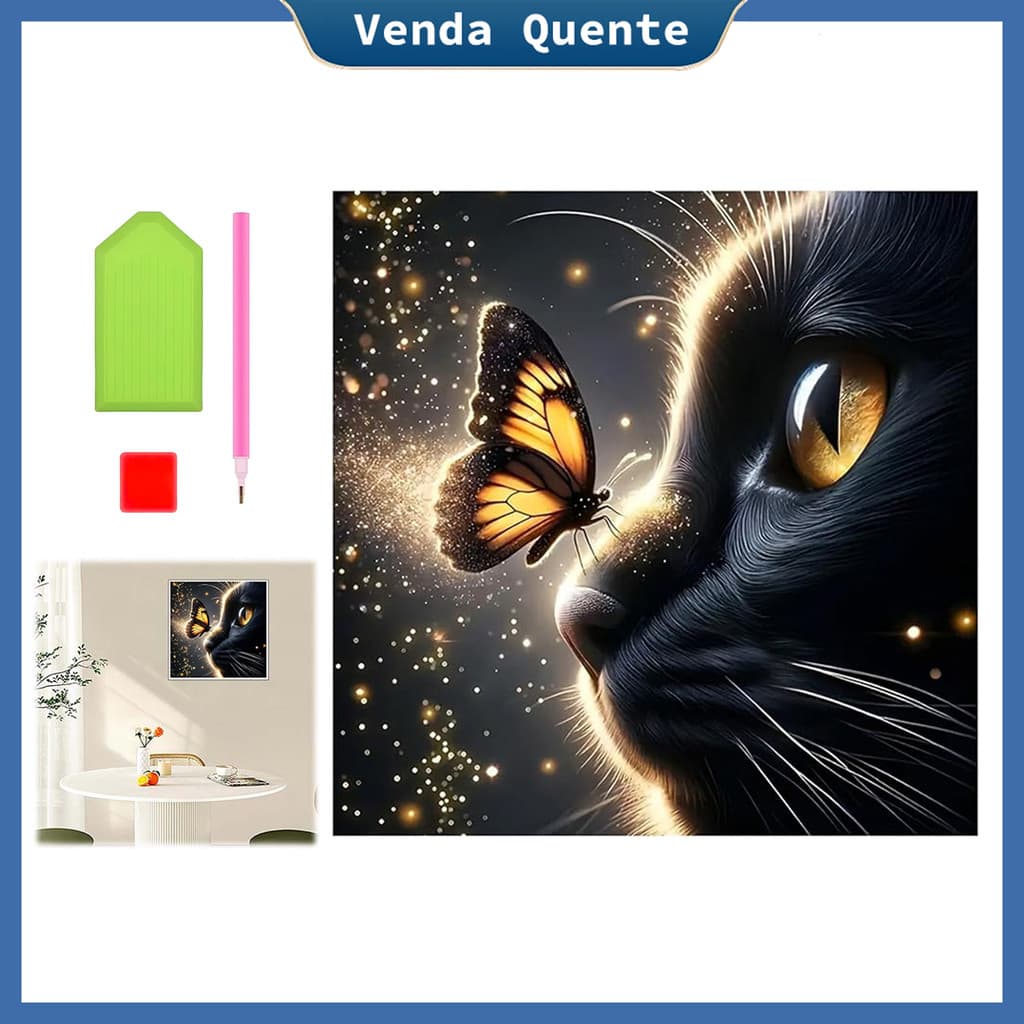 "Gato preto e luz borboleta" pintura diamante 30 cm x 30 cm, 5D Pintura Diamante, Decoração Da Parede Pintura Artesanal