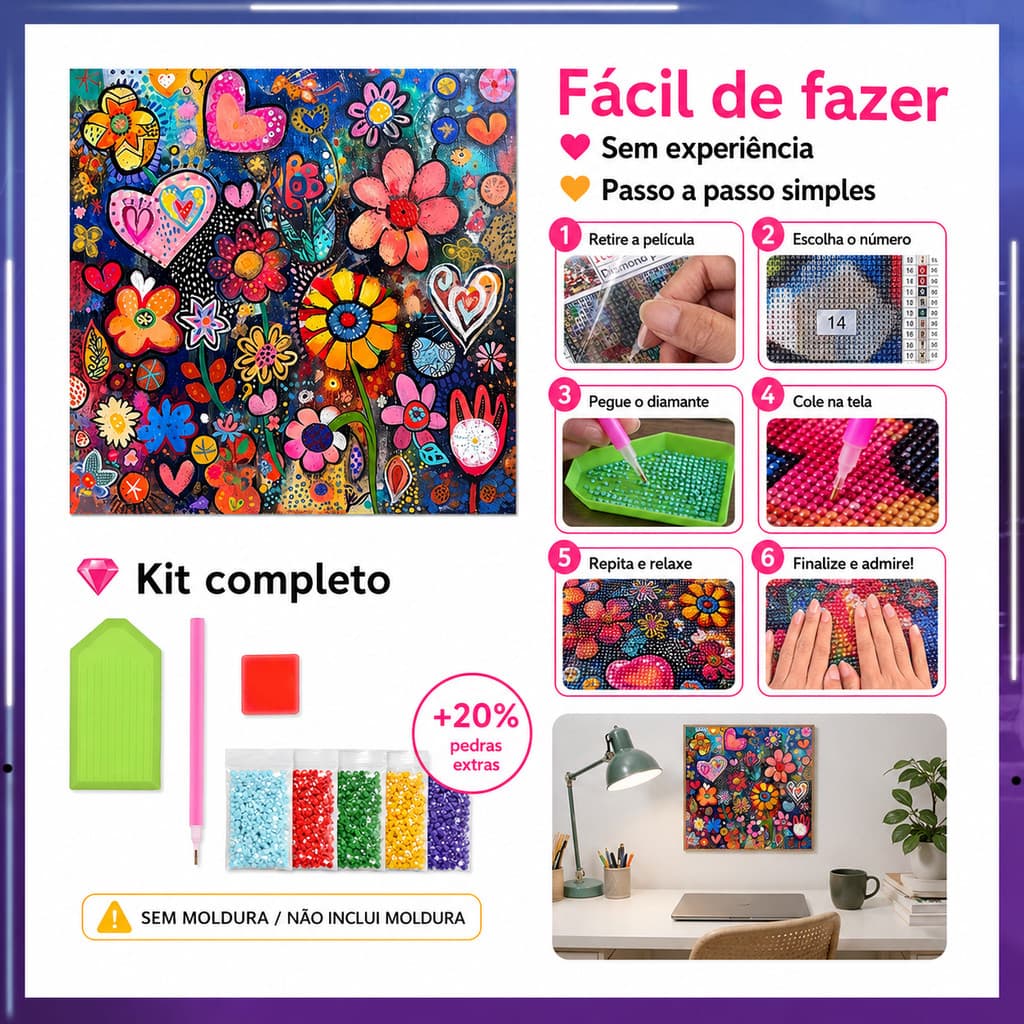 Pintura de Diamante 5D Sonho de Flores 30x30cm Broca Quadrada – artesanato terapêutico, decoração criativa, presente