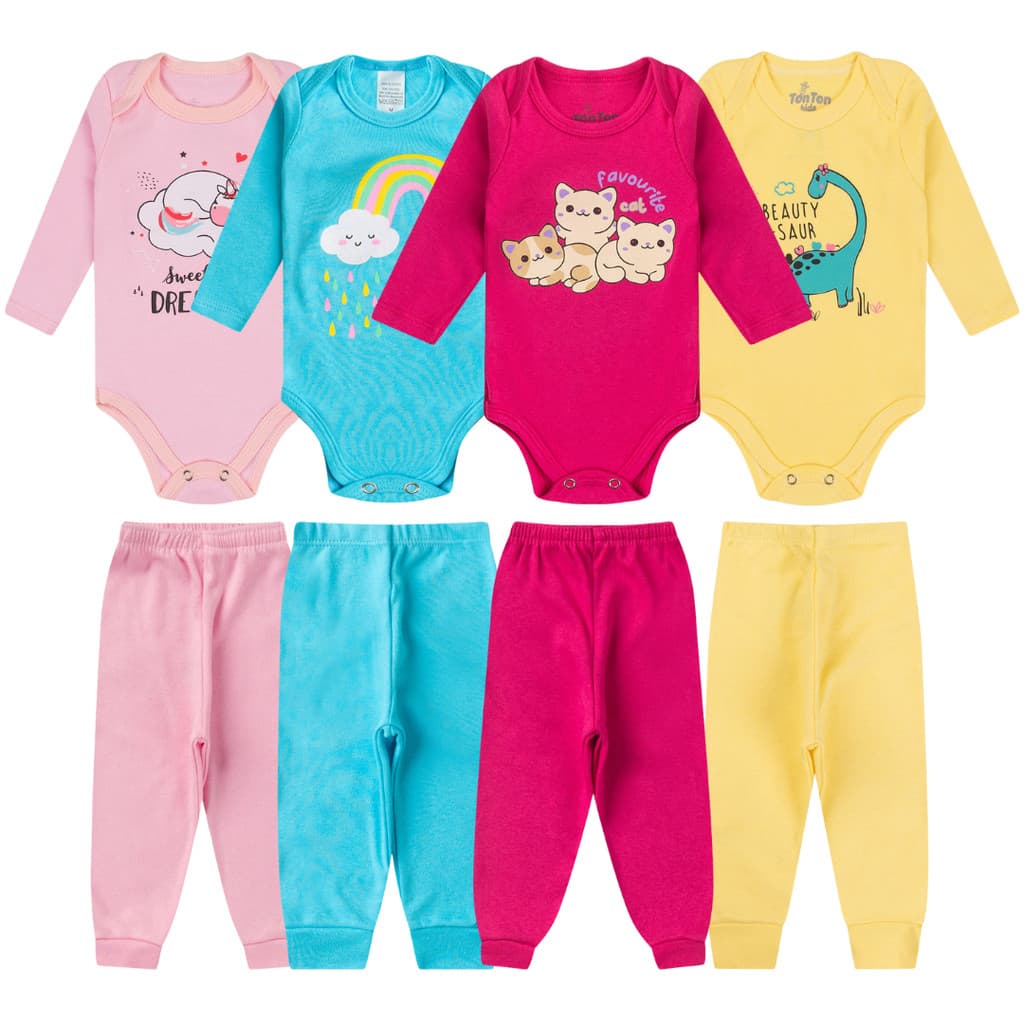 Kit 8 Peças Body Bebê Manga Longa Roupas de Bebê Menina 100% Algodão