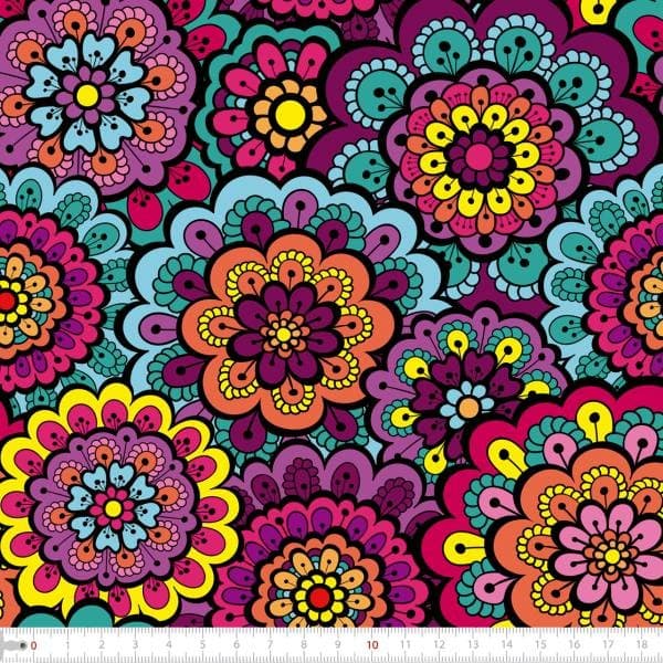 Tecido Tricoline Digital Mandalas Multicoloridas Pano Patchwork Costura Ateliê Artesanato DIY