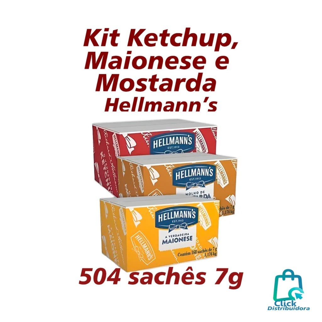 Combo Ketchup Mostarda e Maionese Hellmanns Combo 3 Caixas 504 Saches 7g Original Atacado