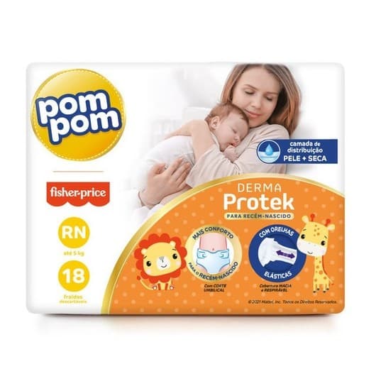 Fralda Descartável PomPom Derma Protek Recém Nascido RN C/18 Unidades Rápida Absorção