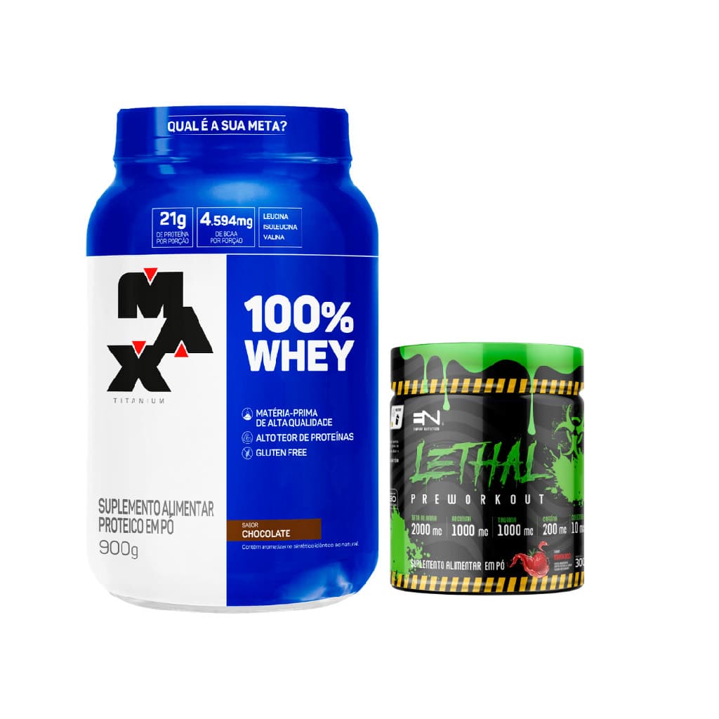 Kit 100% Whey Protein Max Titanium Pote 900g Chocolate + Pré Treino Lethal 300g Morango