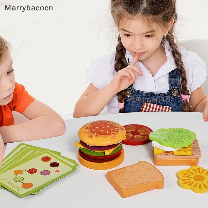 [MAR] Brinquedos De Madeira Hamburg Sandwich Staing Para Crianças E Montessori Educativos Pré-Escolares Brinquedo De Coz
