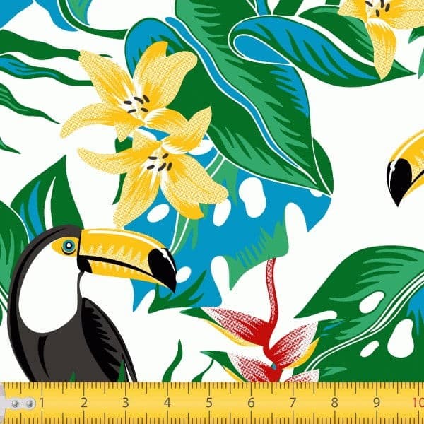 Tecido Tricoline Tucanos Floral Fundo Branco 100% Algodão Mesa Posta Quilting Costura Criativa