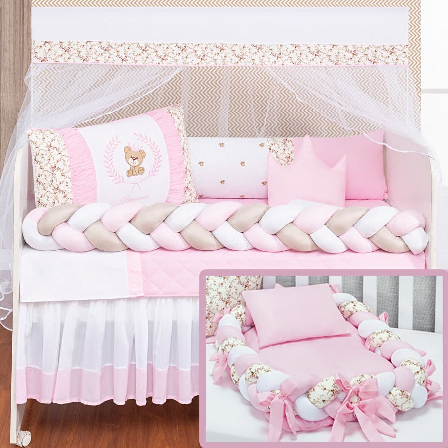 KIT ENXOVAL DE BERÇO COM NINHO REDUTOR 15 PEÇAS TRANÇADO COROA PRINCESA ROSA MODELOS MENINA COROA