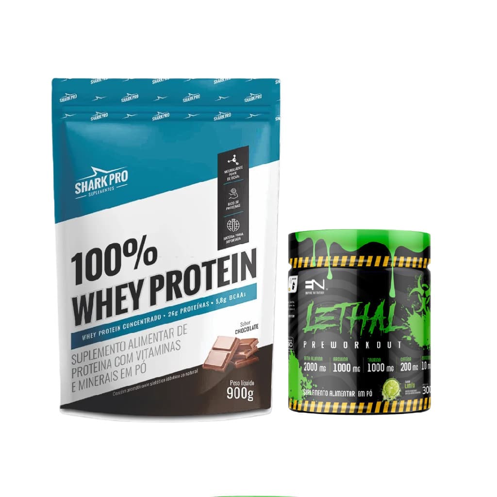 Kit 100% Whey Protein Shark Pro 900g Chocolate + Pré Treino Lethal 300g Limão