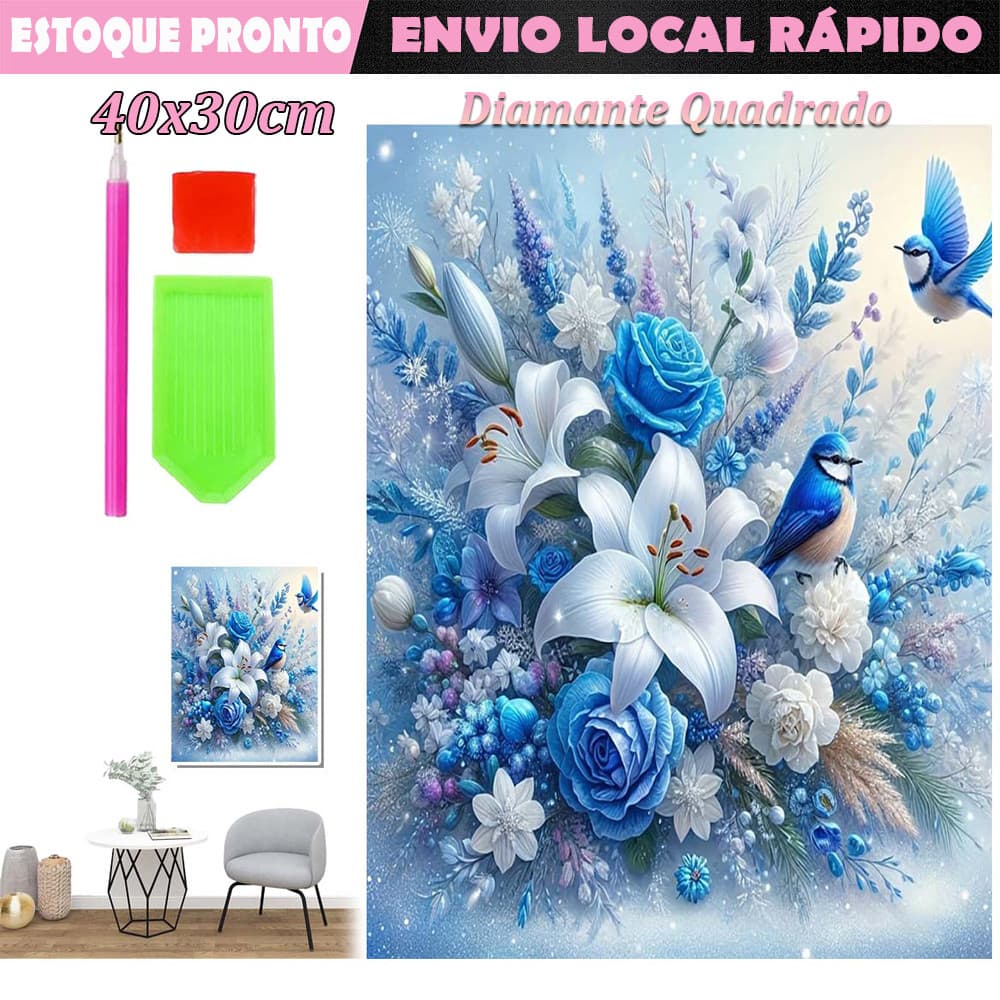 Flor Azul e Pássaro Azul Diamante quadrado pintura de diamante 5D faça você mesmo de diamante pintura 40x30cm