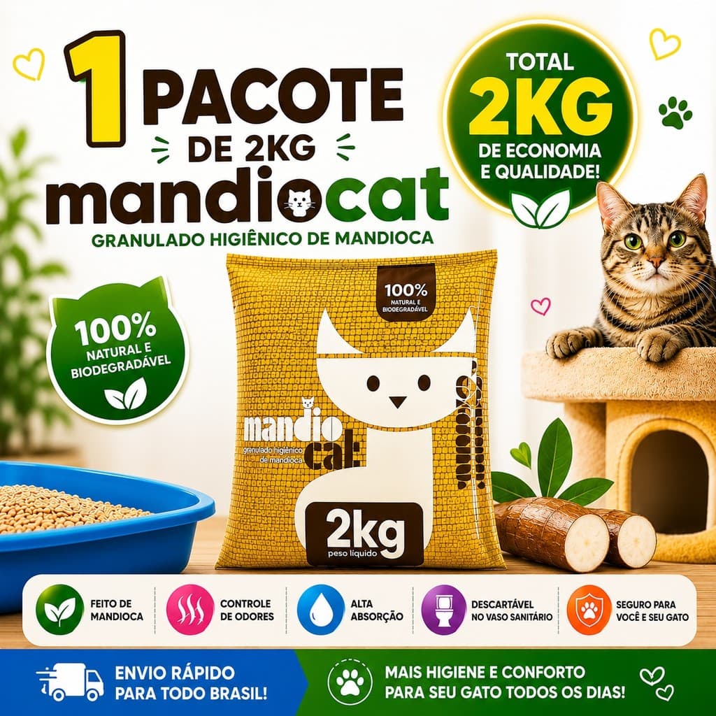 Areia MandioCat 2Kg Sanitária Biodegradável Zero Odor Higiênica 100% Natural Pet Gato Ultra Absorvente