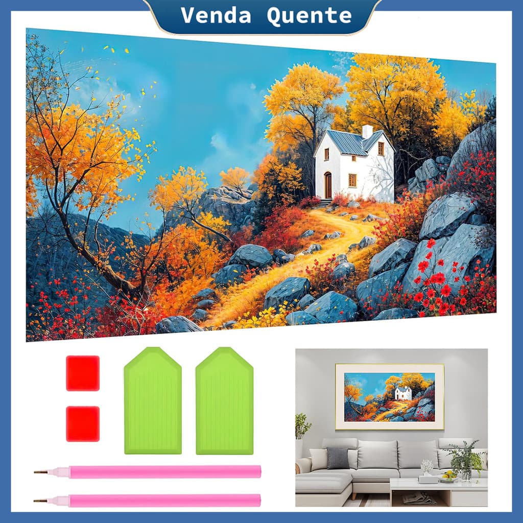 "Outono Casa" Pintura Diamante 70x40 cm, 5D Pintura Diamante, Decoração Da Parede Pintura Artesanal