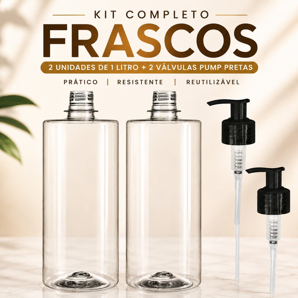 Kit 2 Frascos Pet 1L Com Válvula Pump Dosadora 28/410 para Shampoo-Condicionador-Sabonete-Alcool em Gel Detergente