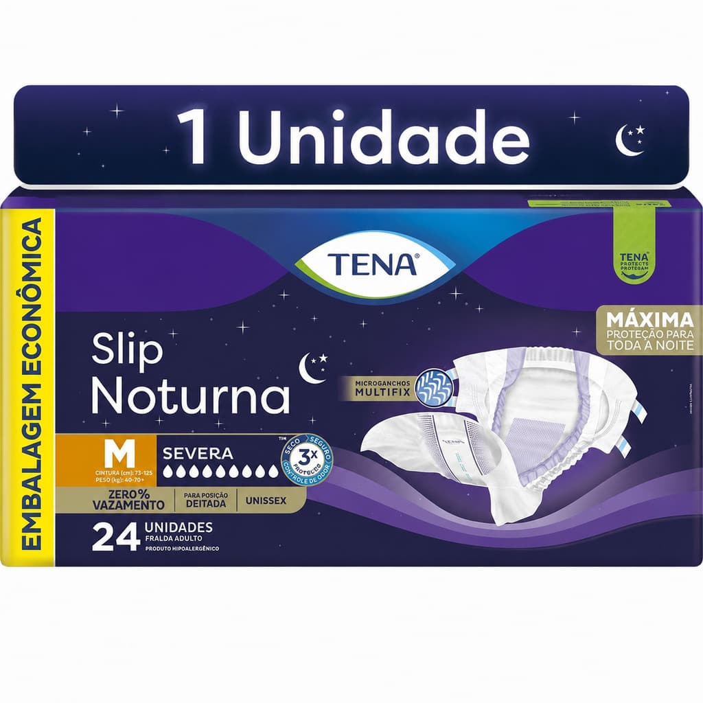 Fralda Geriátrica Tena Slip Noturna 24 Unidades Adulto M, G e EG Incontinência Urinaria Absorção Intensa