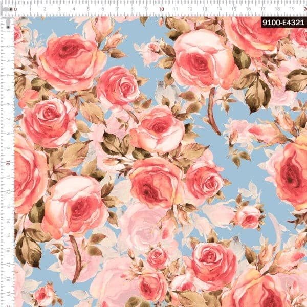 Tecido Tricoline Digital Rosas Aquareladas Azul Bebê Pano Patchwork Costura Ateliê Artesanato DIY