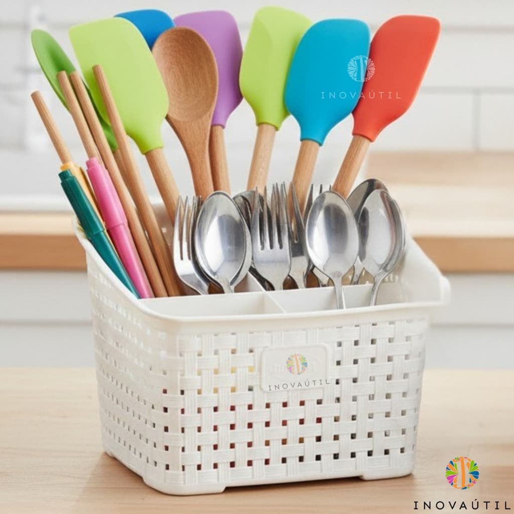 Escorredor Porta Talher e Utensílios Rattan Branco Com 6 Divisórias Organizador Cozinha Multi-Uso