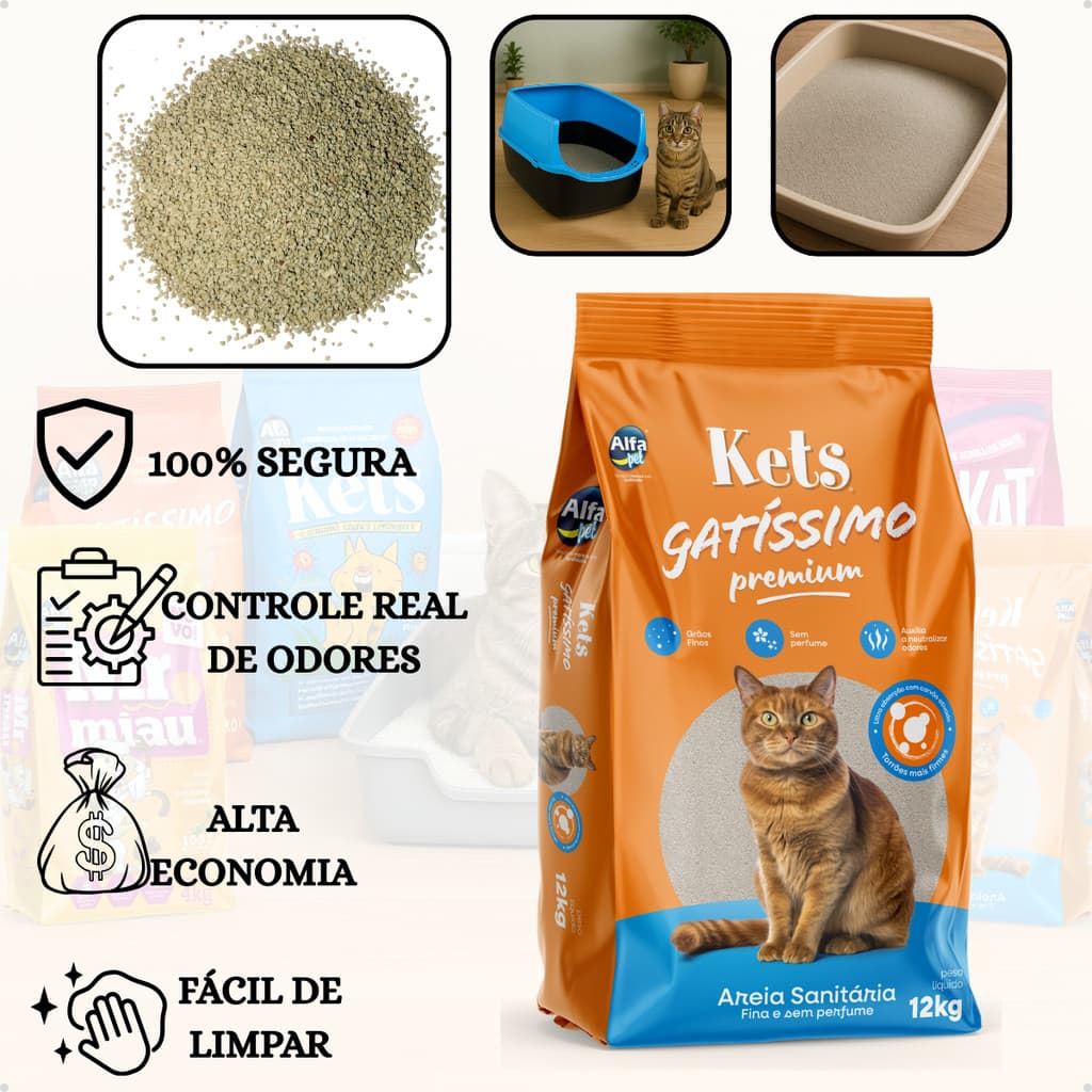 Areia Sanitária Higiênica Natural Argila para Gatos Premium Gatissimo Sem Perfume Grãos Médios 12Kg