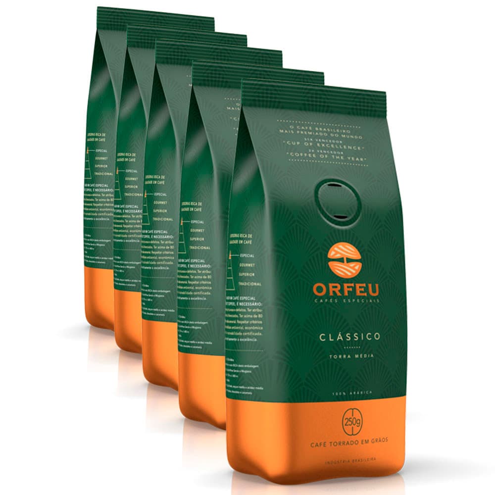 Café em Grãos Premium Orfeu Clássico Kit 5 Pacotes de 250g