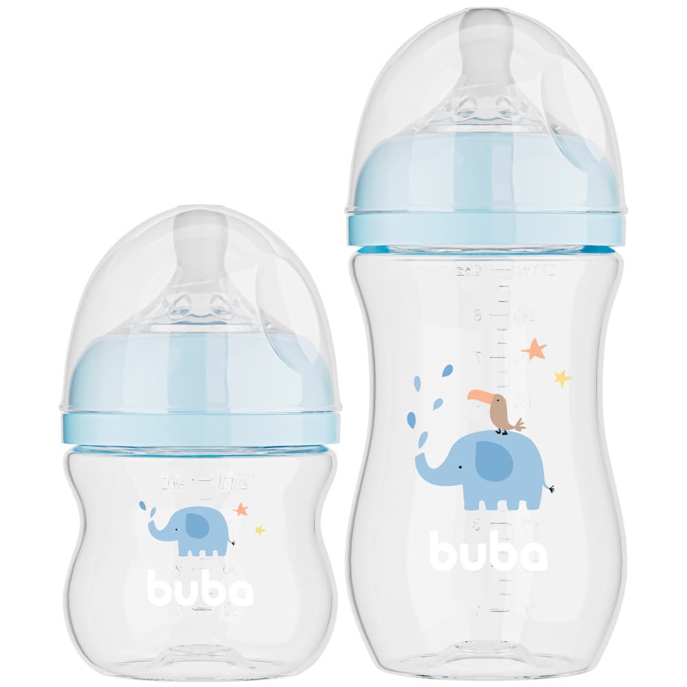 Kit 2 Mamadeiras Buba Easy Flow Anticólica 270 e 120ml - Elefante Azul