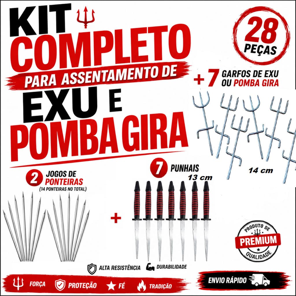 Kit Assentamento Completo 7 GarfoTridente Exu ou Pomba Gira + 14 Ponteira + 7 Punhal Ferramenta Religioso Quimbanda