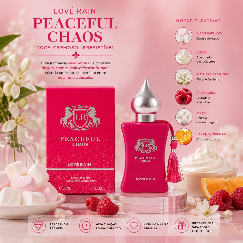 Perfume Feminino Importado Premium 30ml Lové Rain Longa Duração Marshmallow Creme Framboesa Musk Alta Fixação