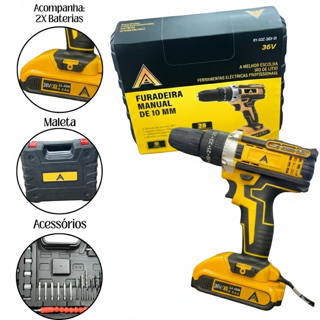 Kit Completo Ferramenta Profissional  Furadeira Parafusadeira Impacto 48v S/ Fio 2 Baterias Led Carregado Perfurar Fixa