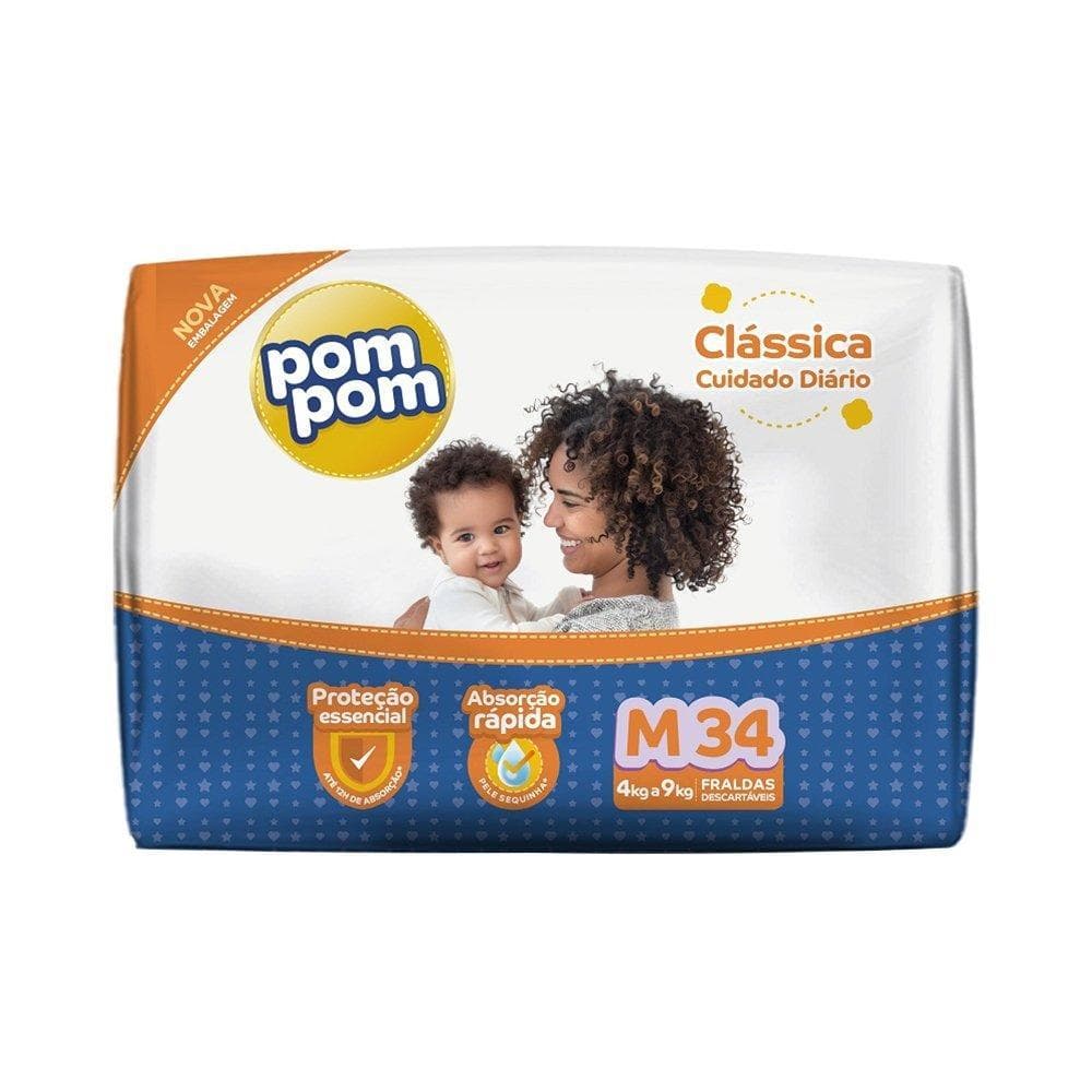 Fralda Descartável PomPom Clássica Econômica Tamanho M - 8 Pacotes com 34 Fraldas - Total 272 Tiras
