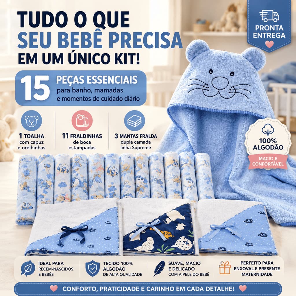 Kit Enxoval Bebê 15 Peças Completo 100% Algodão | Toalha com Capuz + 11 Fraldinhas + 3 Mantas Fralda Premium
