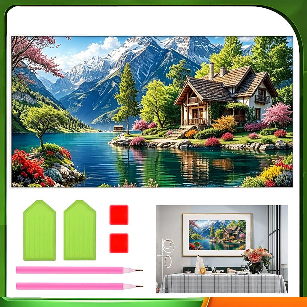 40 x 70 cm, 5D DIY Casinha à beira do lago Conjunto de pintura de diamante quadrados Decoração de parede para casa