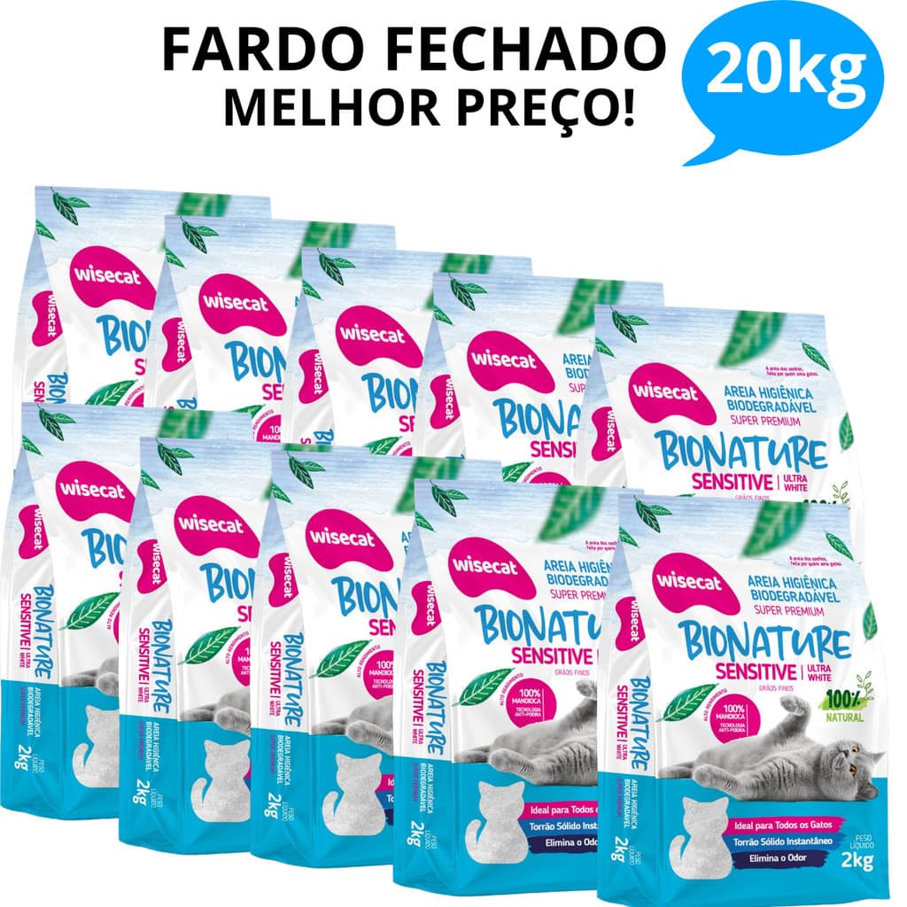 Kit 10 Areia Sanitária De Mandioca 2kg Grãos Finos Para Gatos Biodegradável Wisecat .2.0.k.g. FARDO