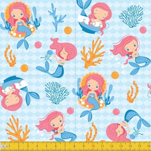 Tecido Tricoline Estampado 0,50x1,50 Sereia Azul Tricoline Criativo Painel Artesanato Patchwork Pano