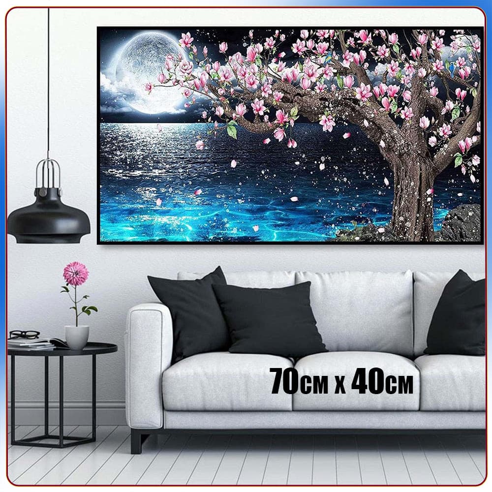 Conjunto de pintura diamante redondo 5D pêssego árvore visão noturna 70x40cm pintura DIY pintura artesanal pintura diama
