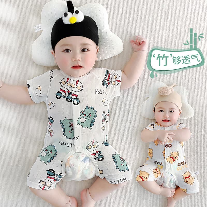 Bebê bebê verão macacão fino de manga curta roupas do bebê menino verão arquivo aberto bebê menina ar condicionado roupa