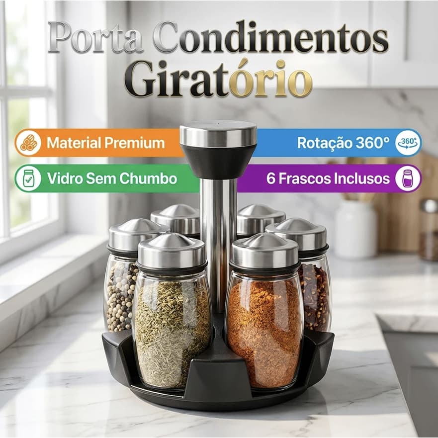 Porta Tempero De Mesa Saleiro Giratório 6 Potes P/ Condimentos Em Vidro E Aço Inox Cozinha Premium