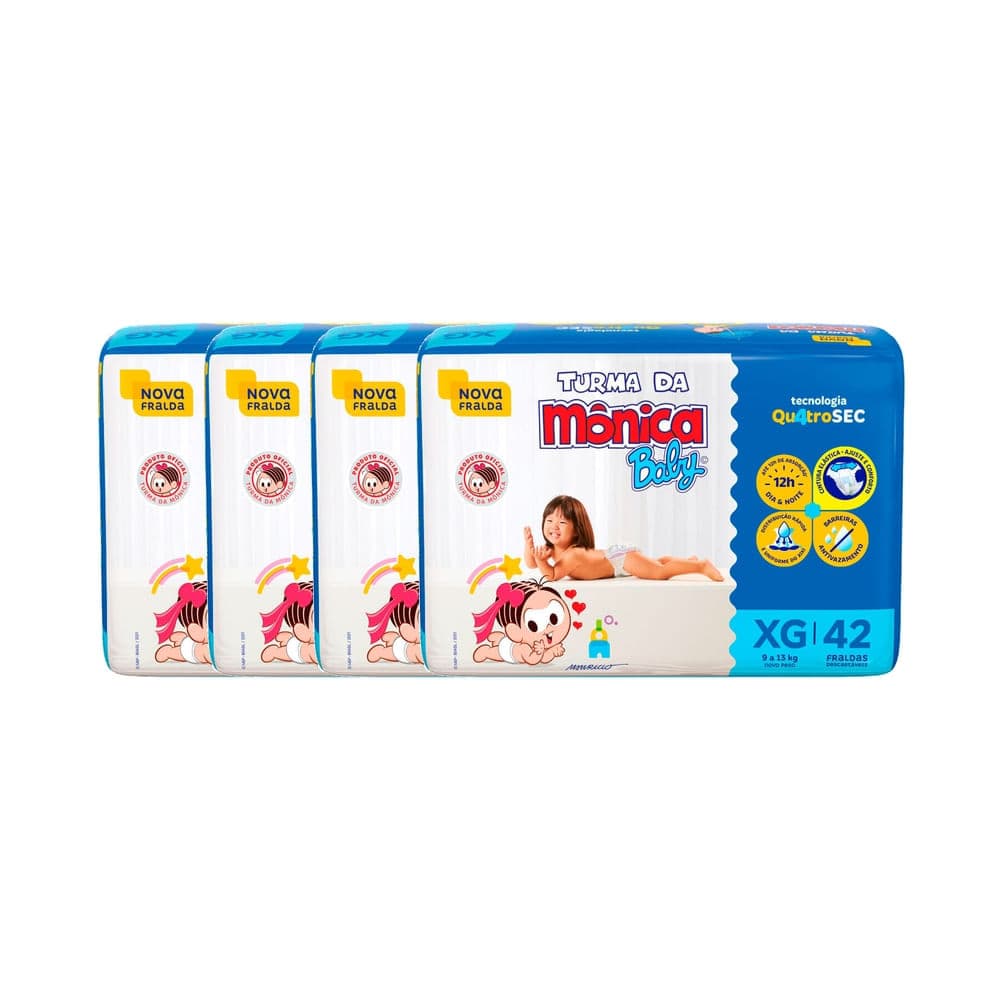 Kit 4 Fralda Turma da Mônica Baby Mega Tamanho XG 42 Unidades Descartáveis