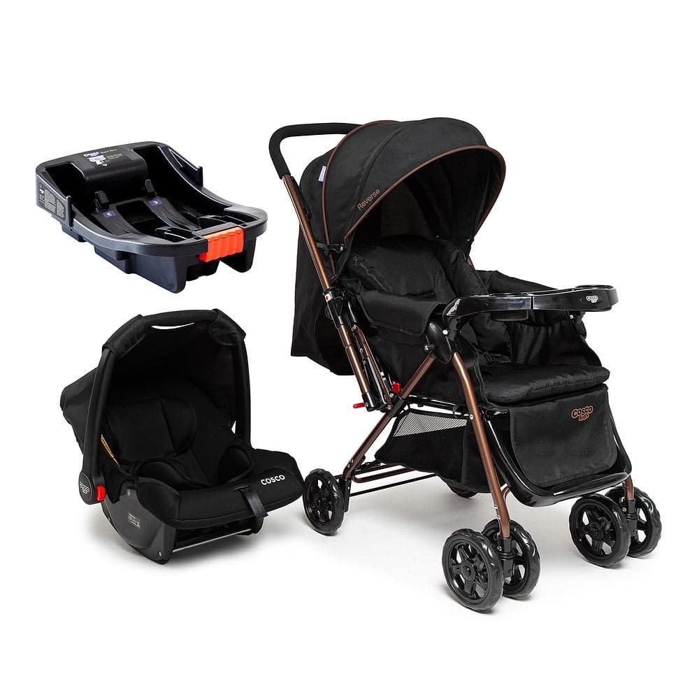 Carrinho Com Bebê Conforto e Base Cosco Kids Travel System Trio Reverse Alça Reversível Preto Bronze