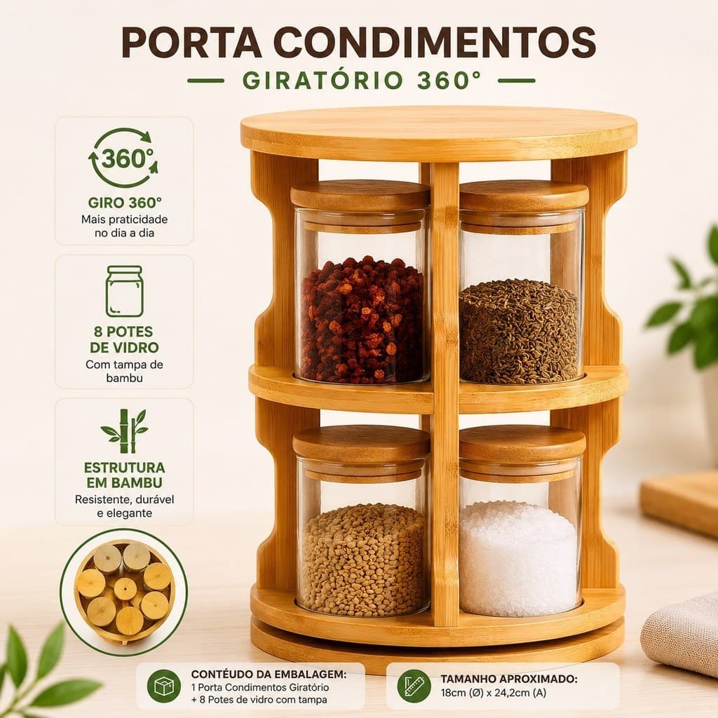 Porta Temperos Condimento Giratório 8 Potes Vidro Tampa Bambu Hermético 200ML Suporte Organizador