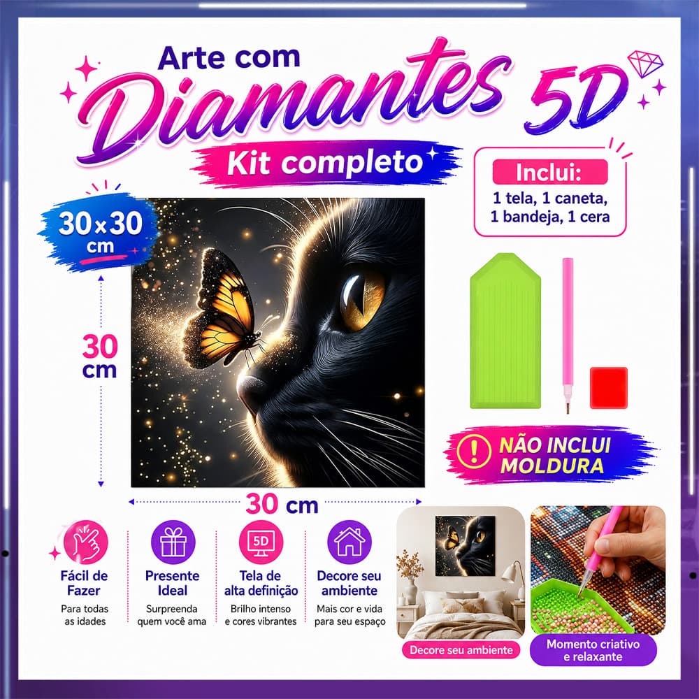 Pintura de Diamante 5D Gato Preto 30x30cm Broca Quadrada – artesanato terapêutico, decoração criativa, presente