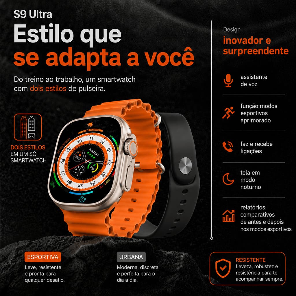 Smartwatch S9 Ultra Kit Completo 2 Pulseiras Esportiva e Urbana Relógio Inteligente Chamadas Bluetooth